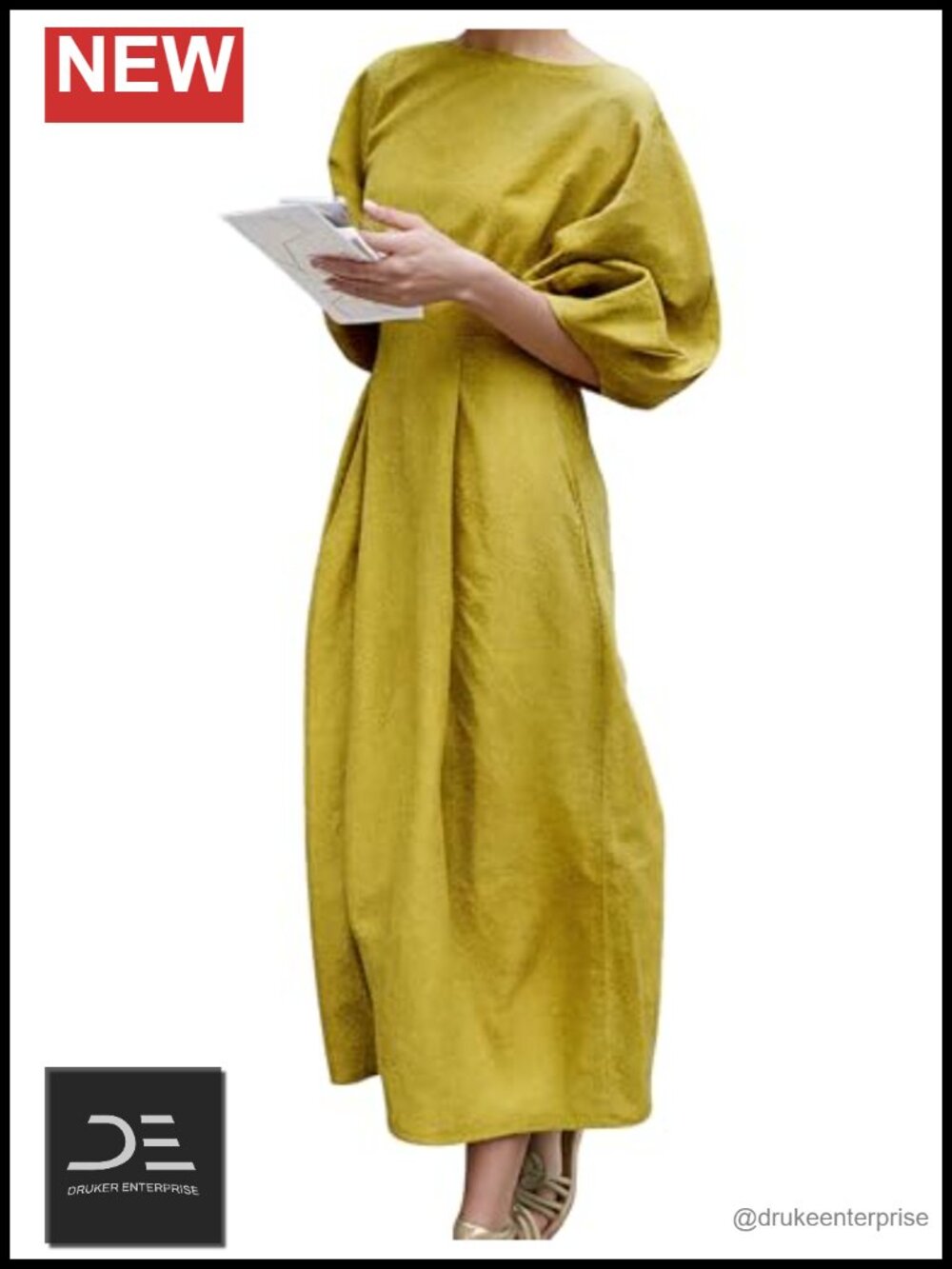 Linen Blend Midi Dress with Pockets Puff Sleeves Empire Waist Casual